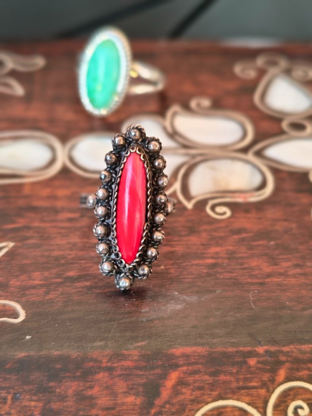 ✨ Authentic Vintage ✨ Red Marquise Stone Ring Silver-Tone Filigree Beaded Boho - Picture 9 of 10